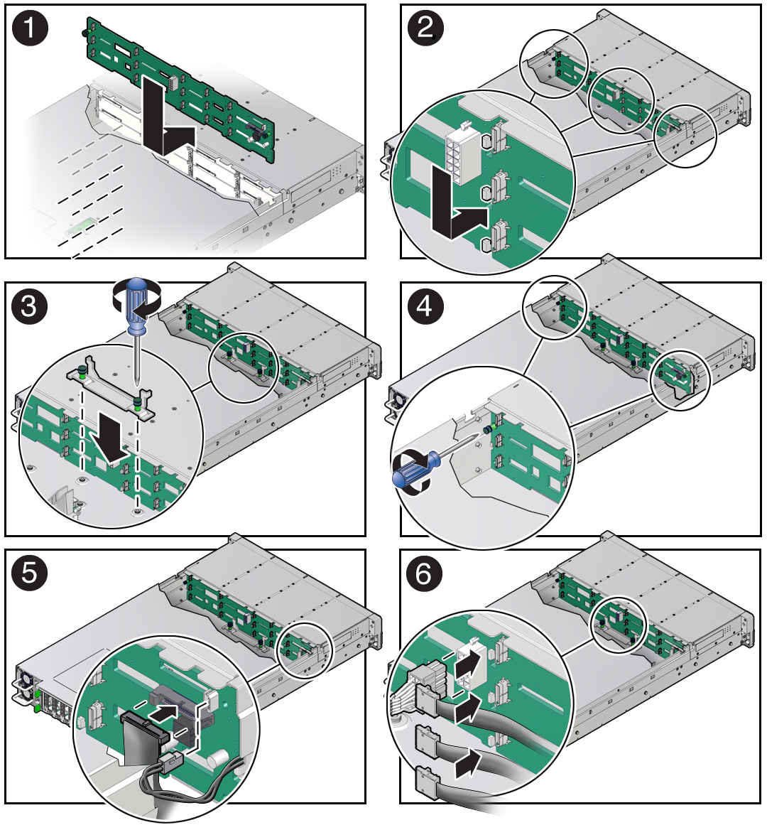 image:Figure showing the disk backplane being installed in the
                            server.