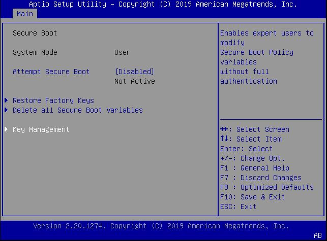This figure shows the Secure Boot screen within the Security settings Menu.