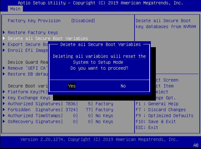 This figure shows the Delete all Secure Boot Variables screen within the Security settings Menu.