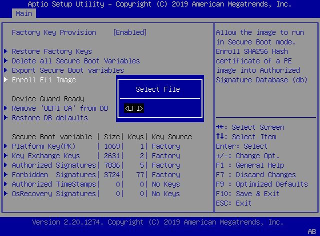 This figure shows the Select File dialog within the Enroll Efi Image settings Menu.