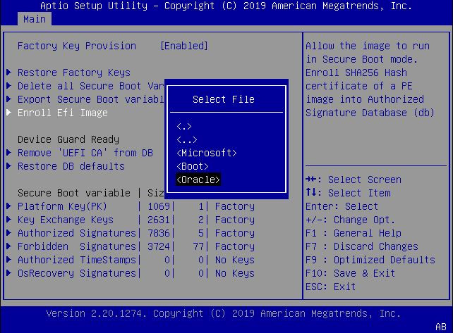 This figure shows the Select File dialog within the Enroll Efi Image settings Menu.