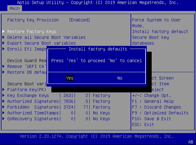 This figure shows the Install Factory Default keys screen within the Security settings Menu.