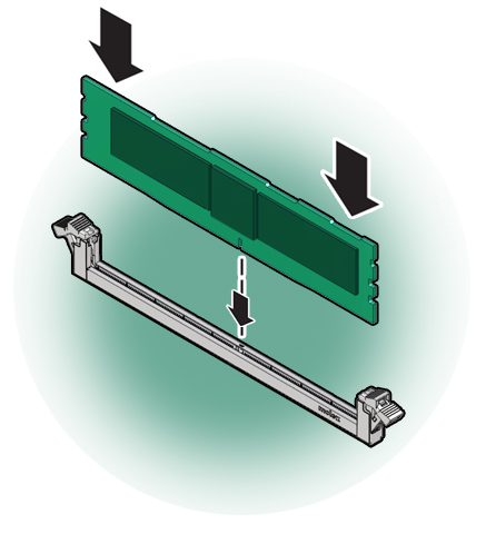 Image showing a DIMM being inserted into its slot with an arrow pointing to the alignment slot.