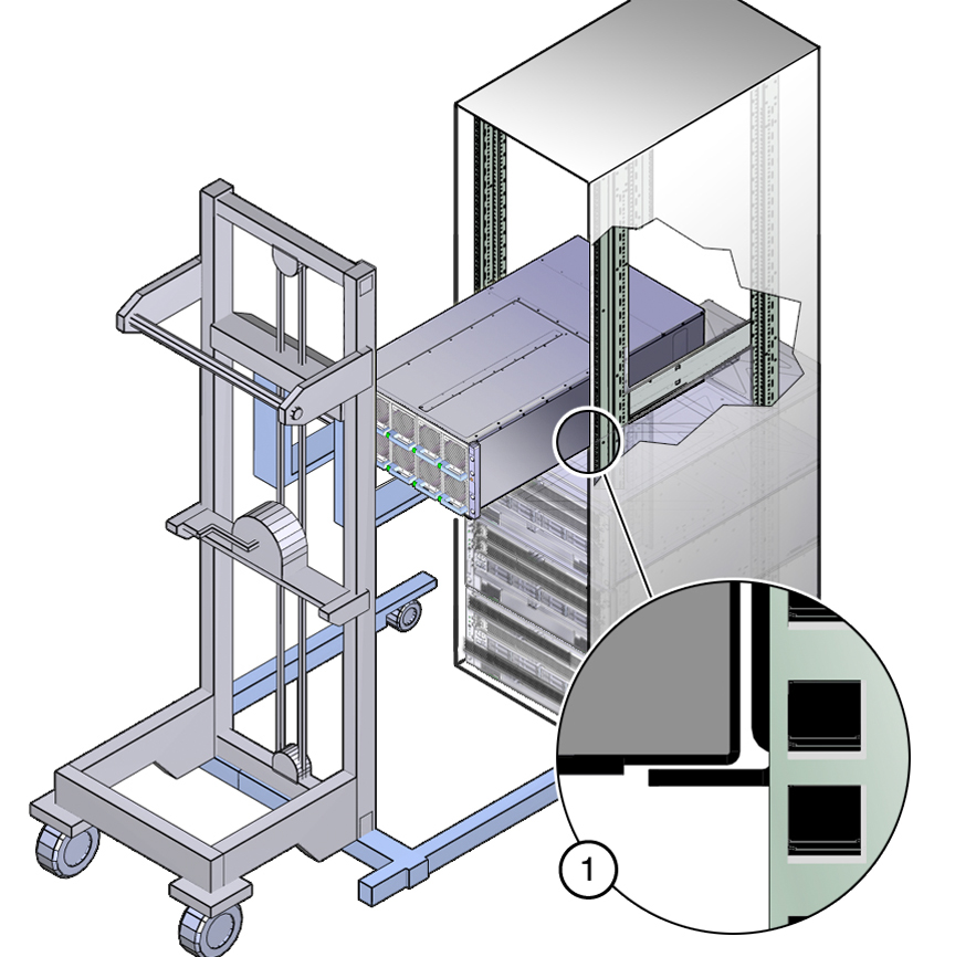 Figure of system on mechanical lift being inserted into rack.