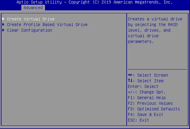 Screen showing Advanced menu with Create Virtual Drive option selected.
