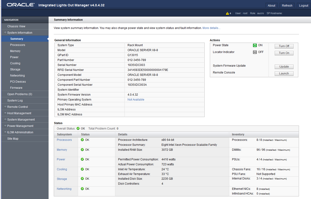 image:Figure showing Oracle ILOM Summary
                                                screen.