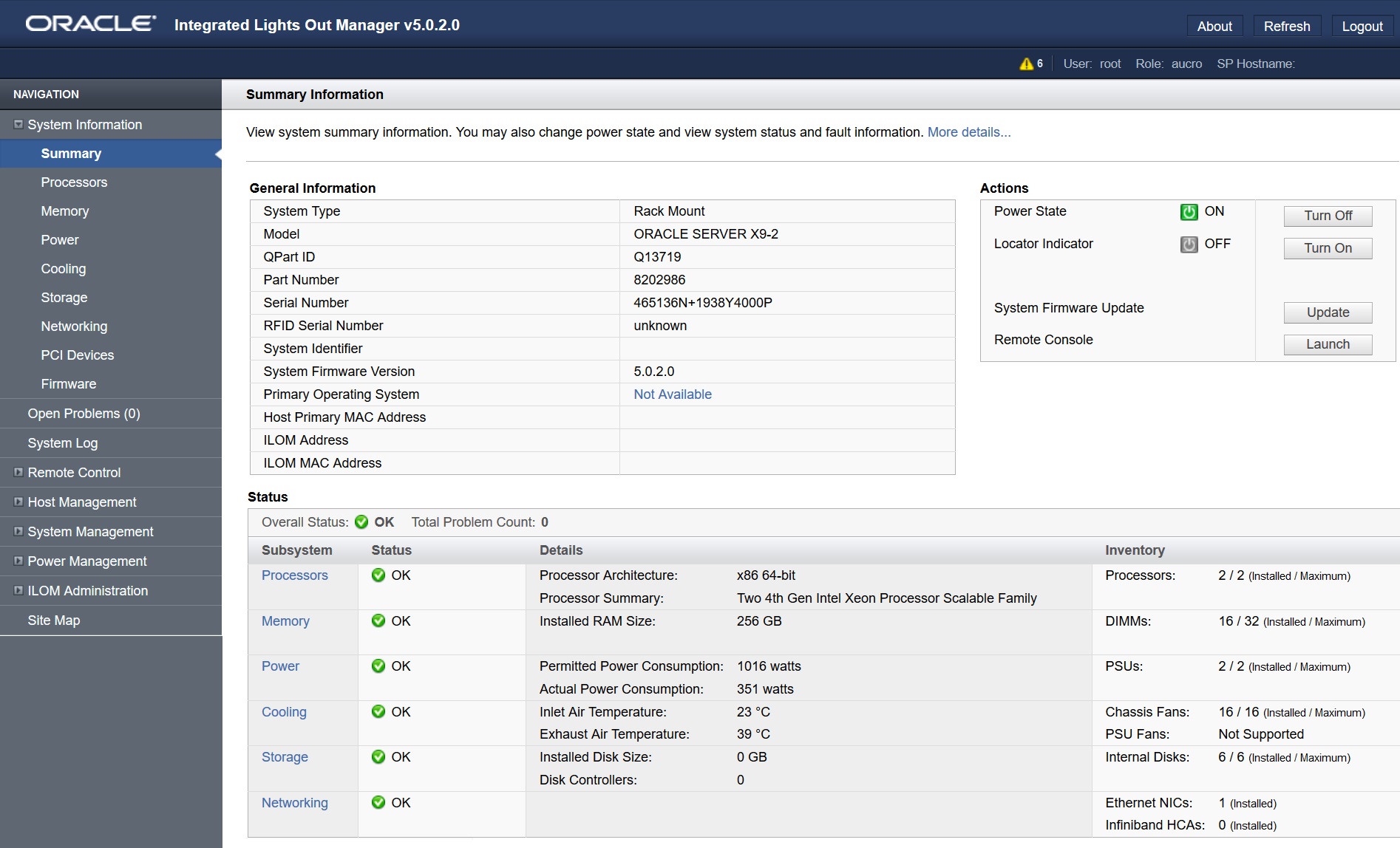 Image of Oracle ILOM Summary Information page.