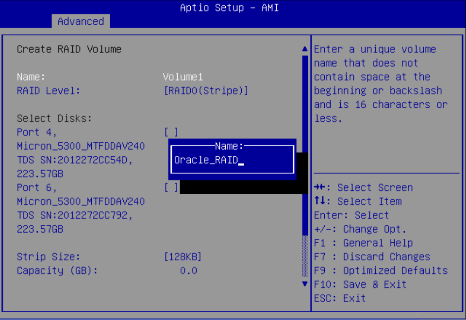 Image showing the VROC RAID Volume Name pop up, with an example name provided.