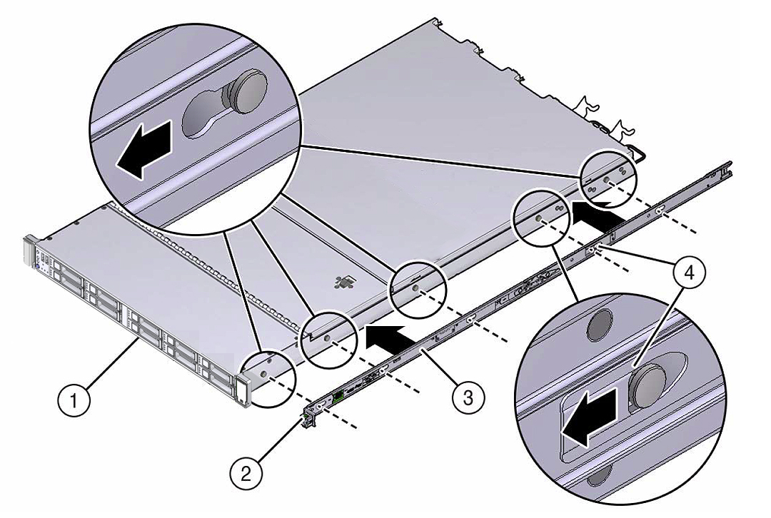 Figure showing the mounting bracket aligned with server chassis locating pins.