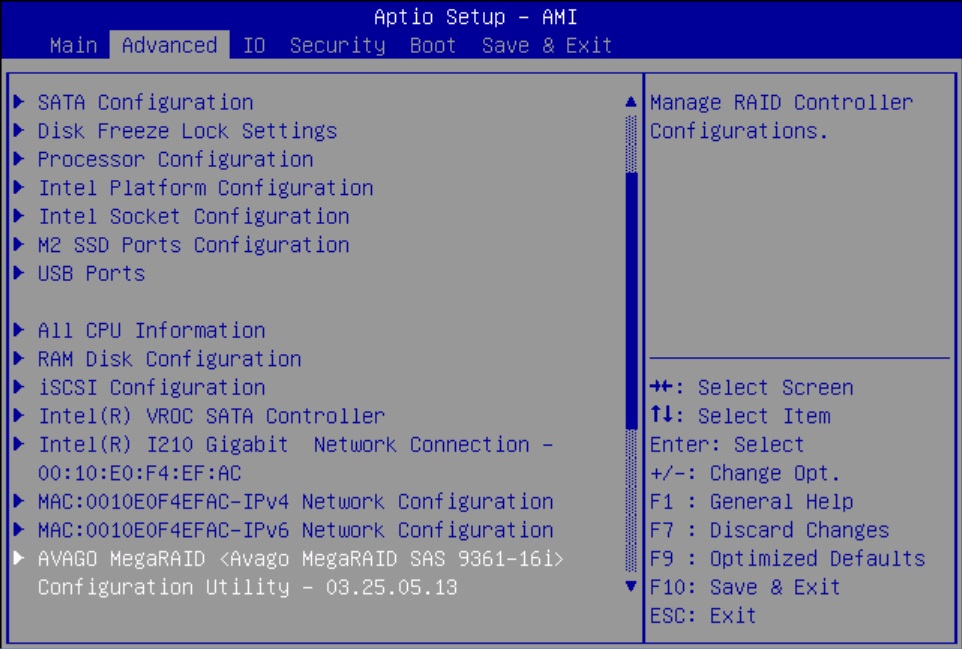 Image showing the Advanced menu with MegaRAID Configuration Utility selected.