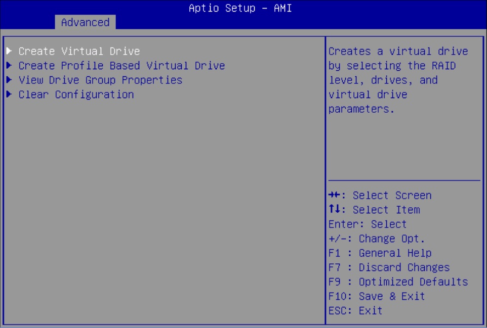 Image showing the Advanced menu with Create Virtual Drive option selected.