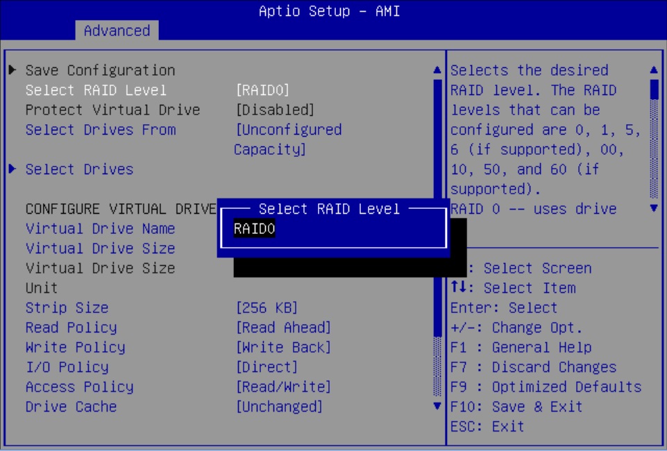 Image showing the Virtual Drive Management menu options with RAID level pop up.