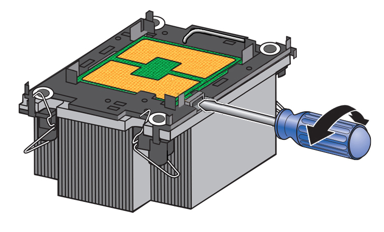 Figure showing how to use a screwdriver to break the TIM adhesive between the processor carrier and the heatsink.