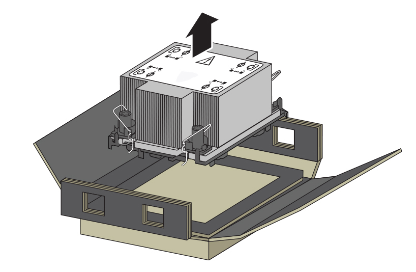Figure showing the processor-heatsink module being lifted from packaging tray.