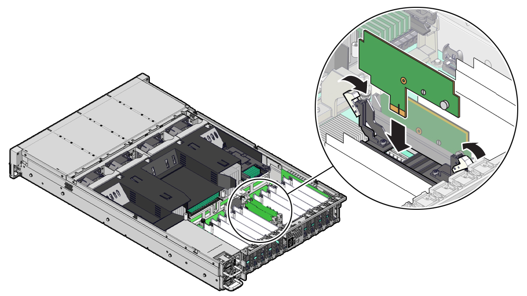 Figure showing an M.2 flash riser board being installed into the server