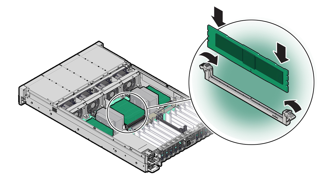 Figure showing a memory DIMM being installed into the server