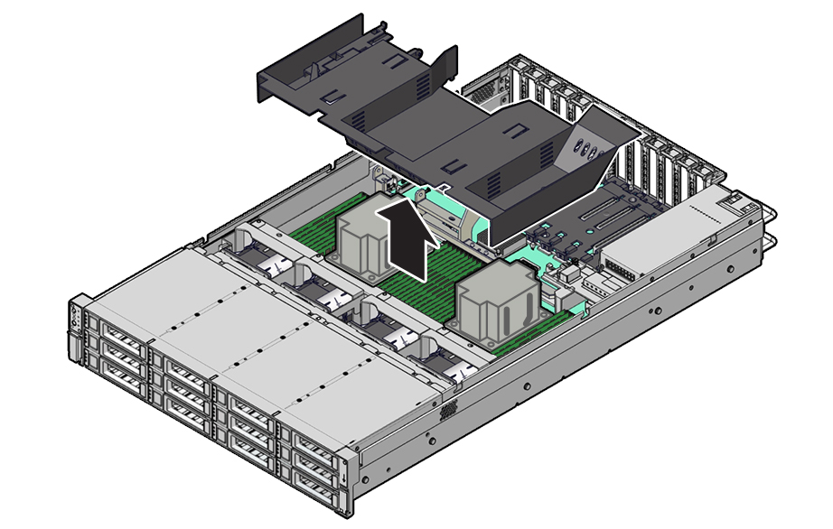 Figure showing the air baffle being lifted from the server.