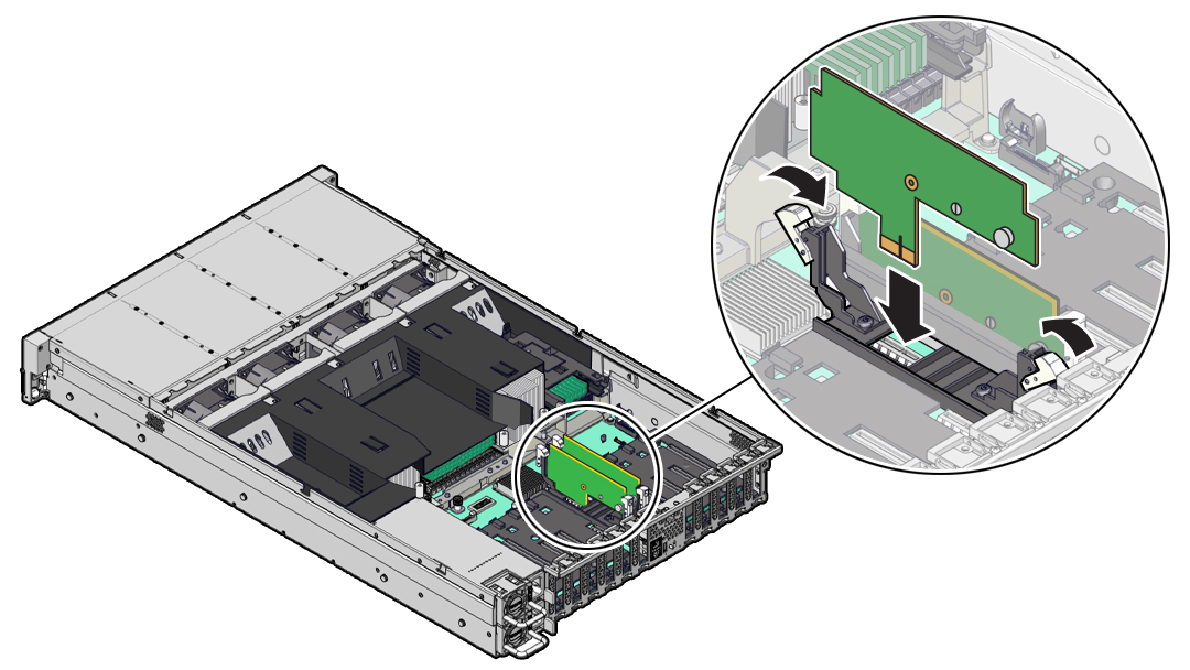 Figure showing an M.2 flash riser board being installed into the server.