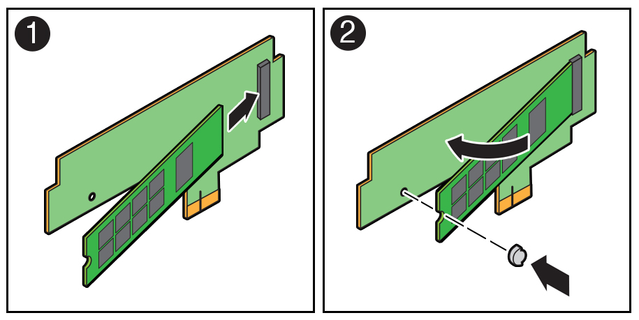 Figure showing an M.2 flash SSD being installed on to a riser board.