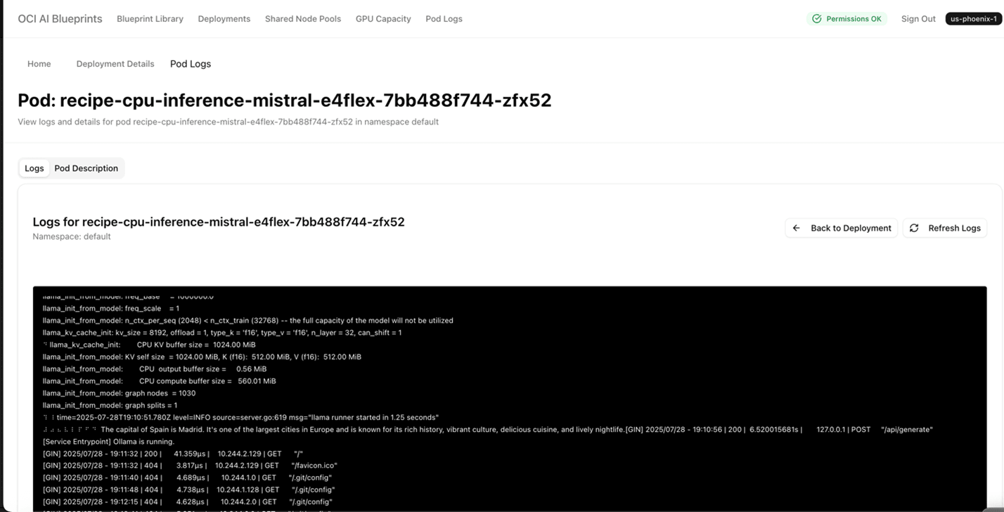 Shows an example of the blueprint pod log output.