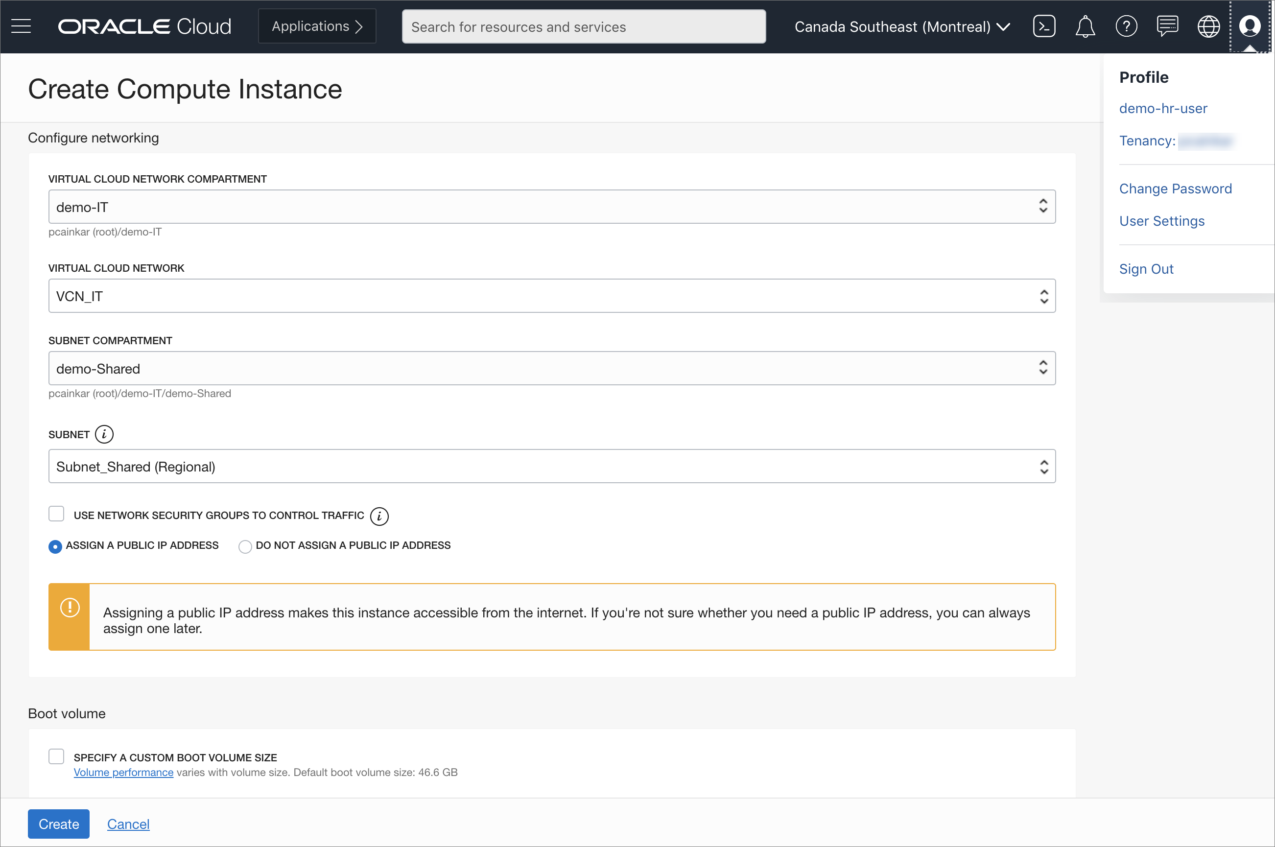 HR user creates an instance in the shared compartment