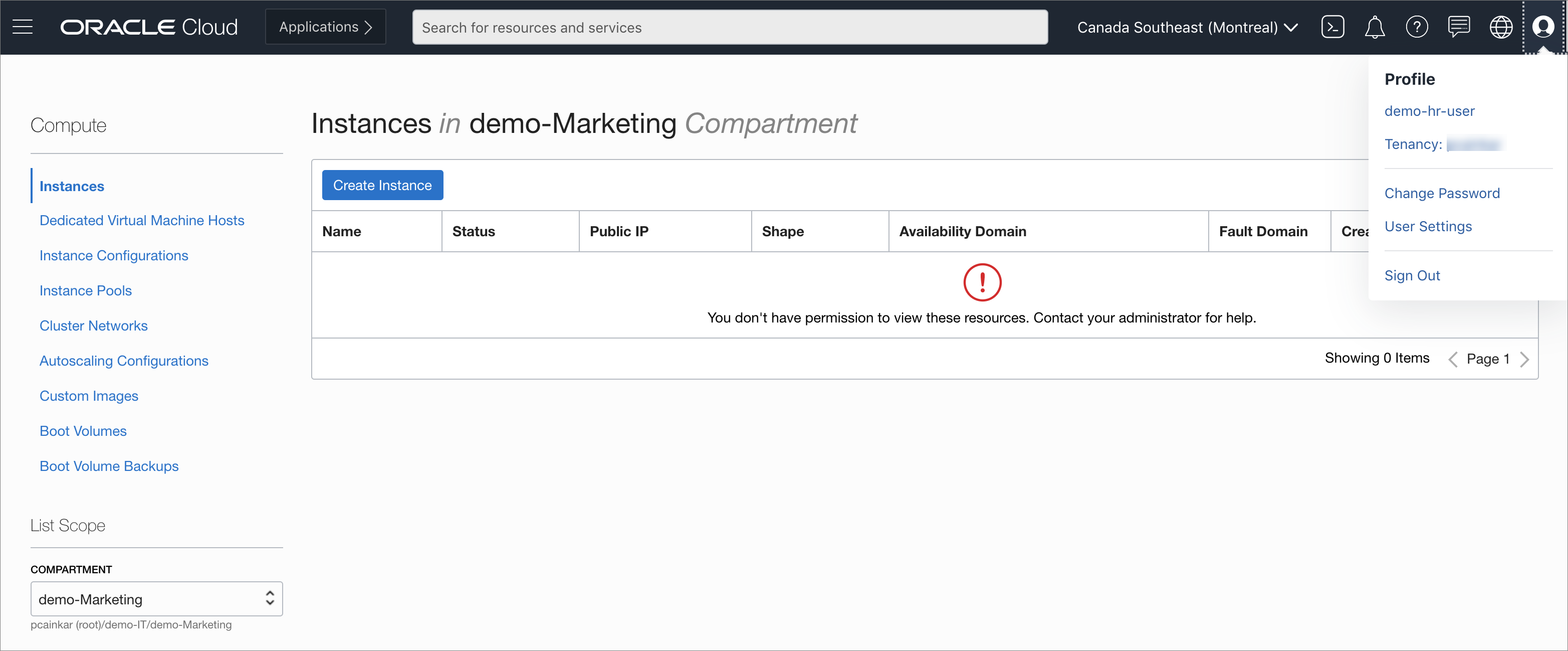 HR user can't view instances in the marketing compartment