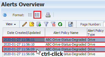 Alerts Overview page with two rows selected.