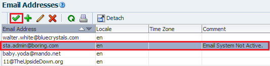 Email Addresses table with row selected and Test icon noted