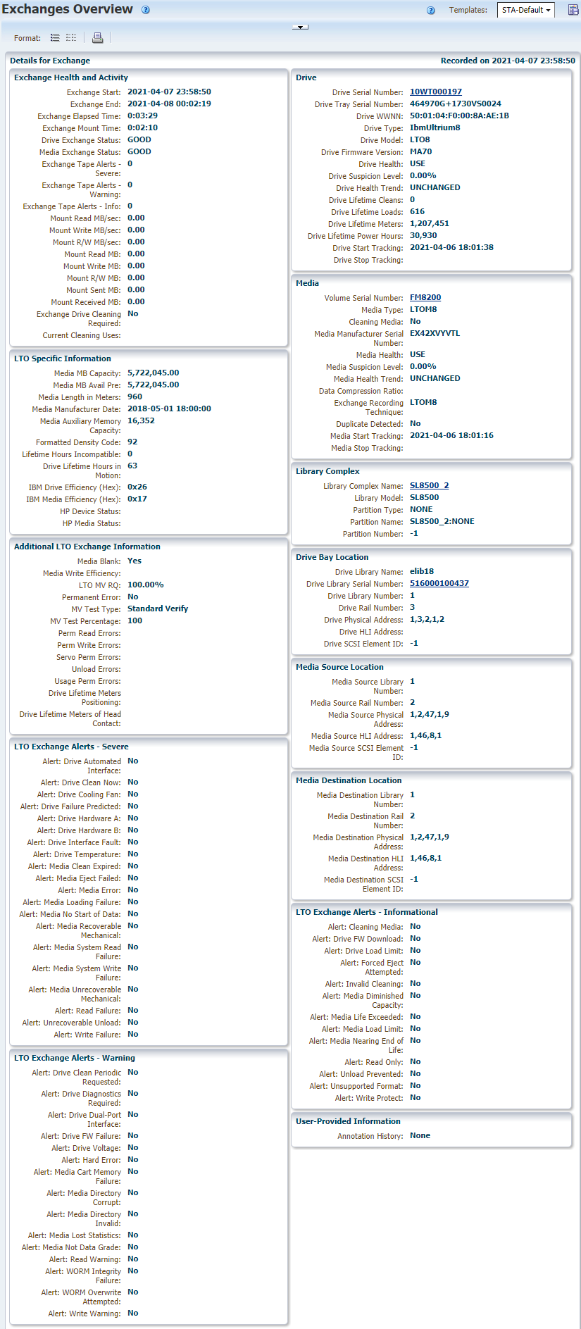 Example of the Exchanges Overview details page for LTO media