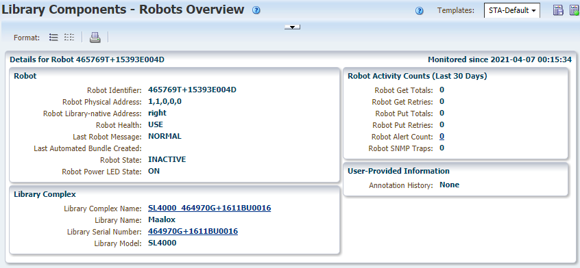 Example of the Robots Overview details page