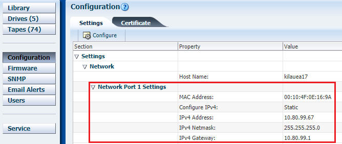 SL150 interface showing Network Port 1 Settings