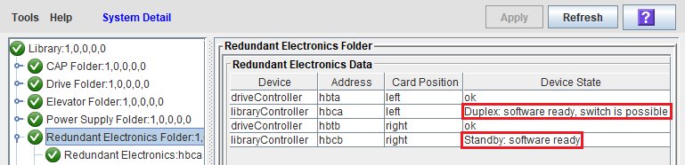 SLC screen showing the library controller card status