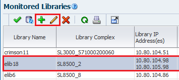 Monitored Libraries table with row and Edit icon noted