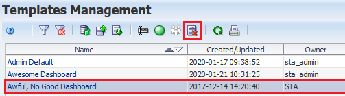 Templates page with row selected and Delete icon noted