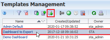 Templates page with row selected and Export icon noted