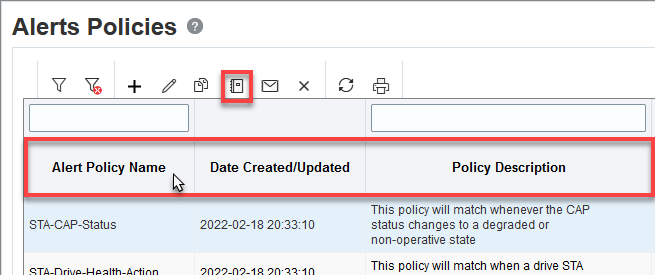 Alert Policies page with row selected and Enable icon noted.