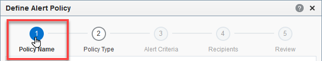 Breadcrumbs of Alert Policy Wizard.