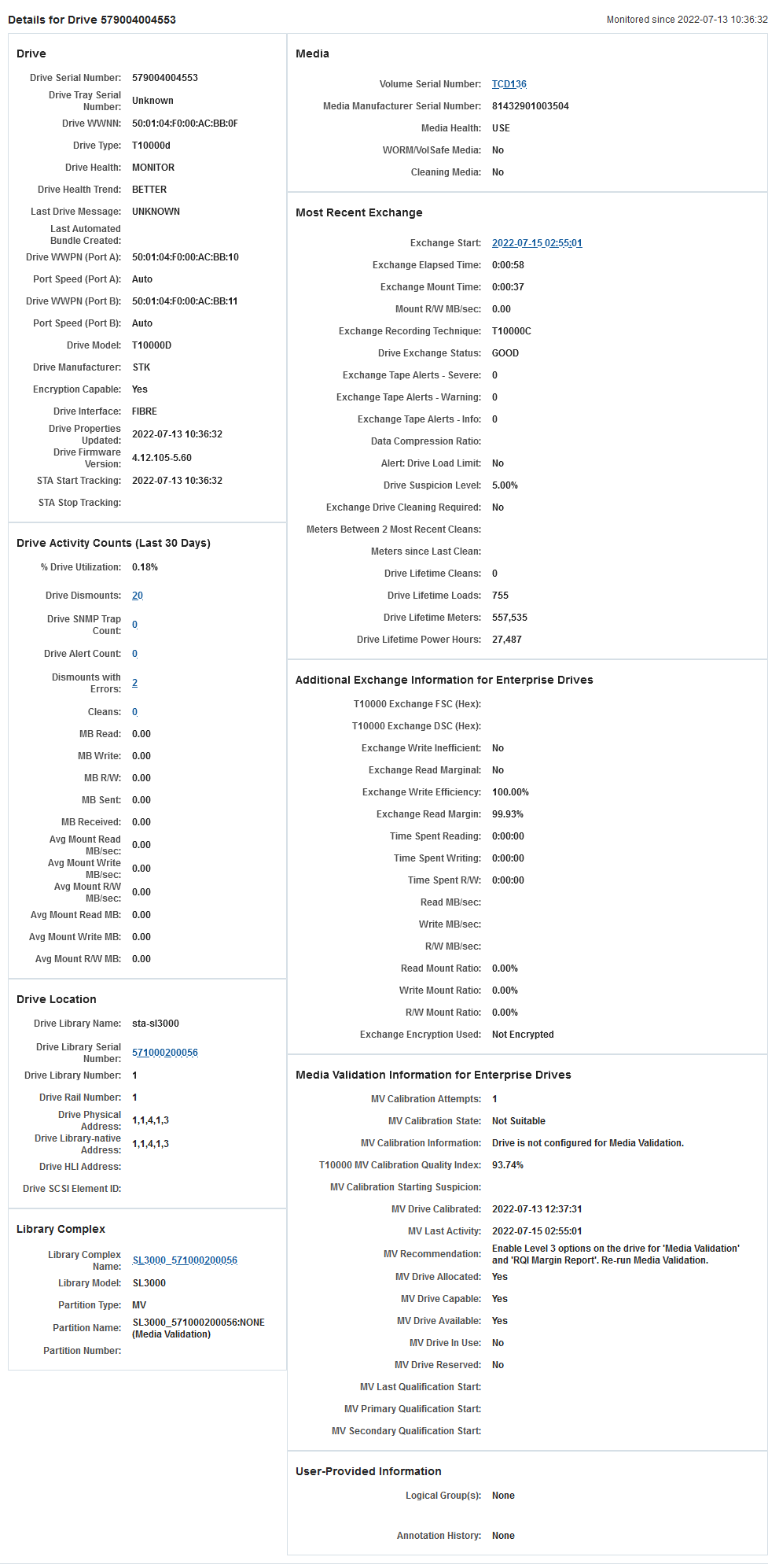 Example of the Drives Overview details page for T10K Example of the Drives Overview details page for T10K