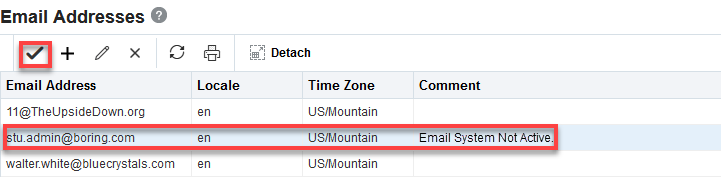 Email Addresses table with row selected and Test icon noted
