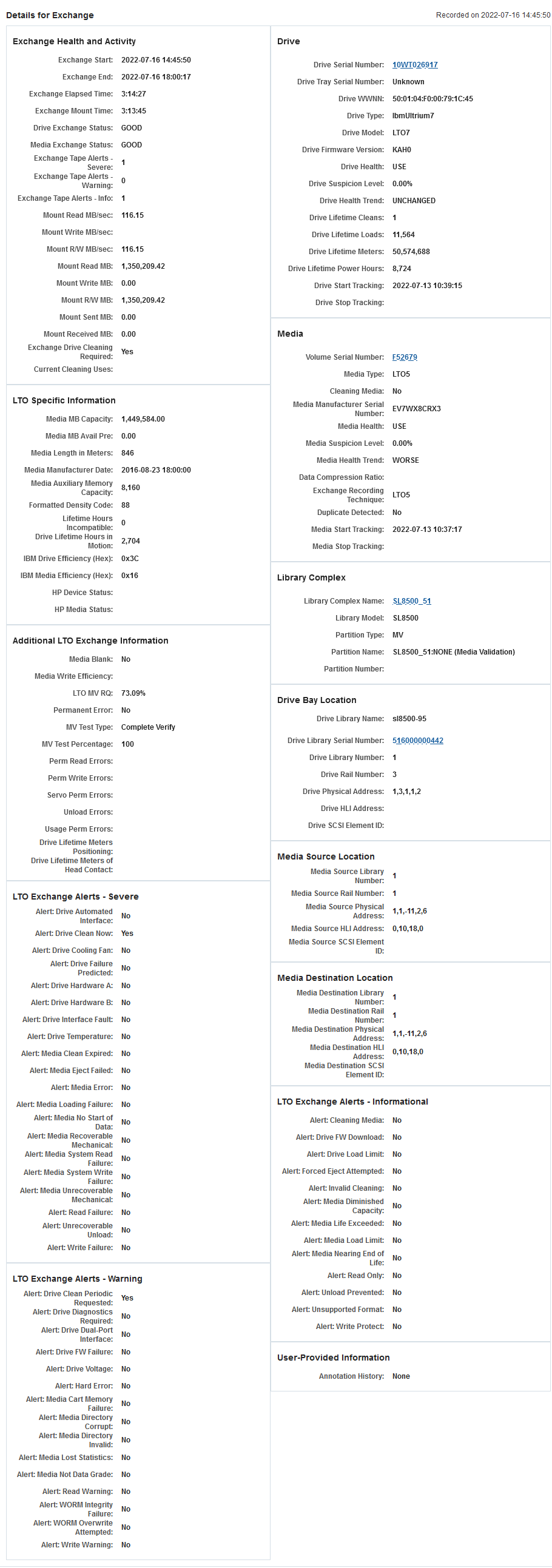 Example of the Exchanges Overview details page for LTO media Example of the Exchanges Overview details page for LTO media