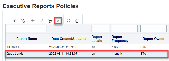 Exec REport Policy with row selected and Delete icon noted