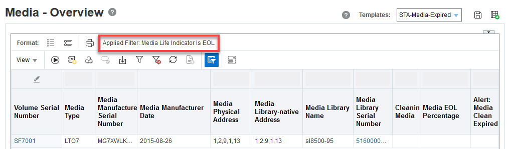 Media Overview with filter Media Life Indicator is EOL noted