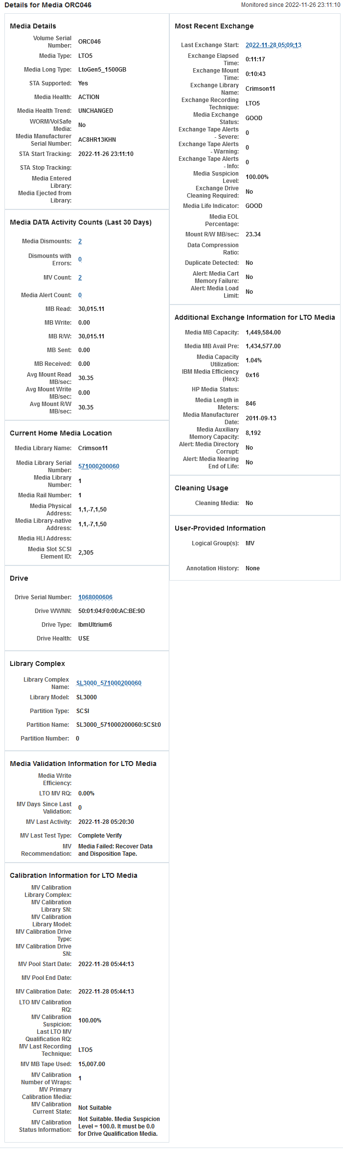 Example of the Media Overview details page for LTO media Example of the Media Overview details page for LTO media