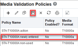 MV Policies page with row selected and Enable icon noted