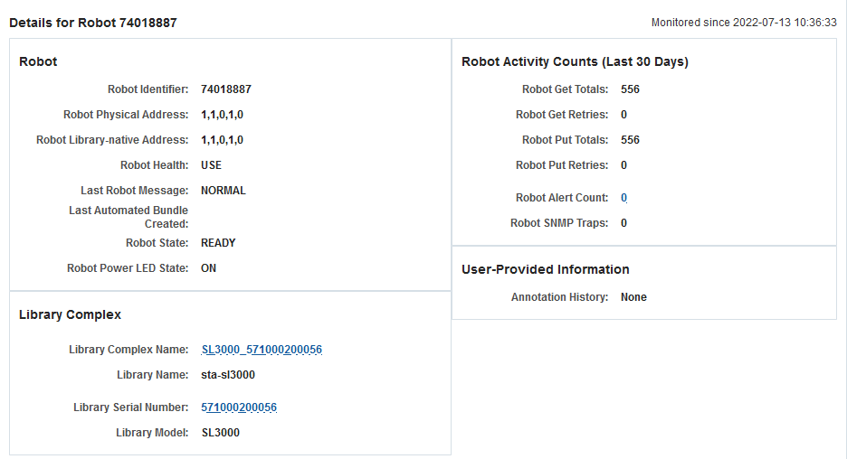Example of the Robots Overview details page Example of the Robots Overview details page