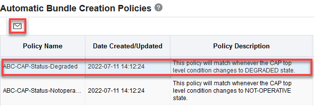 Auto Bundle Policies with row selected and Email icon noted