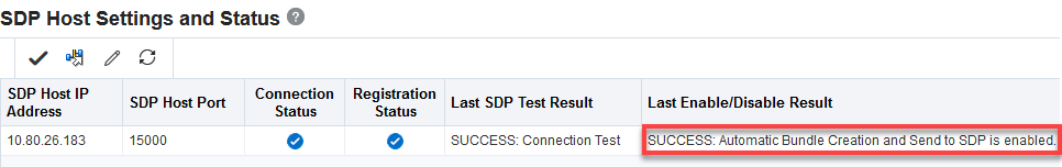 SDP Host Settings and Status table with result column noted