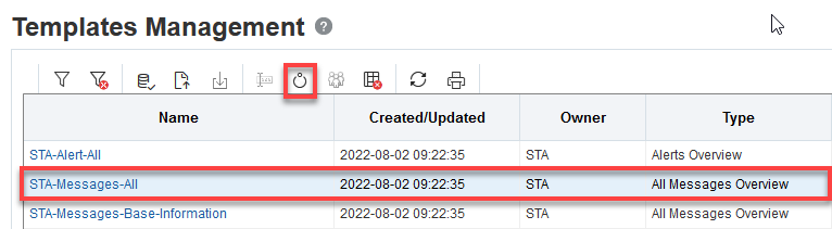 Templates table with row selected and Set Default icon noted