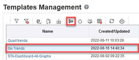 Templates table with row selected and Rename icon noted