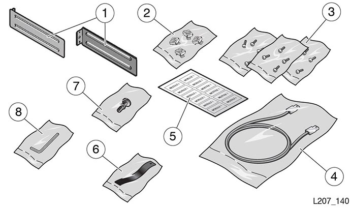 Rails and installation components in plastic bags